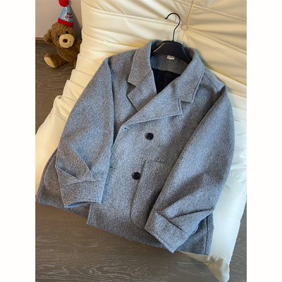 灰色双排扣短款毛呢大衣男秋冬