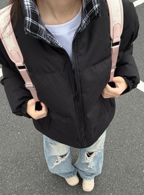 fitcheck格子拼接羽绒棉服男冬季无帽立领面包服美式短款情侣棉衣