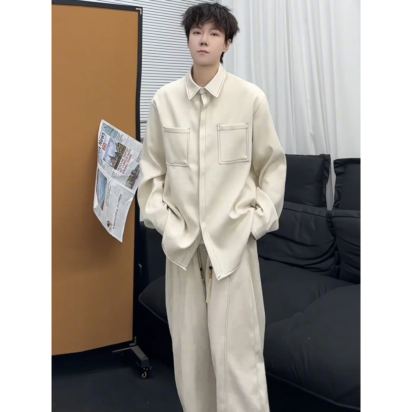 美式肌理感衬衫垂感弯刀阔腿裤男