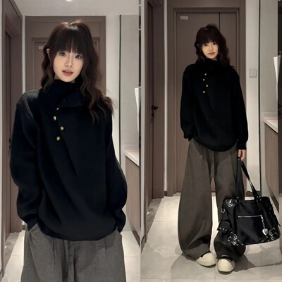 韩系老钱风高领毛衣男冬季针织衫