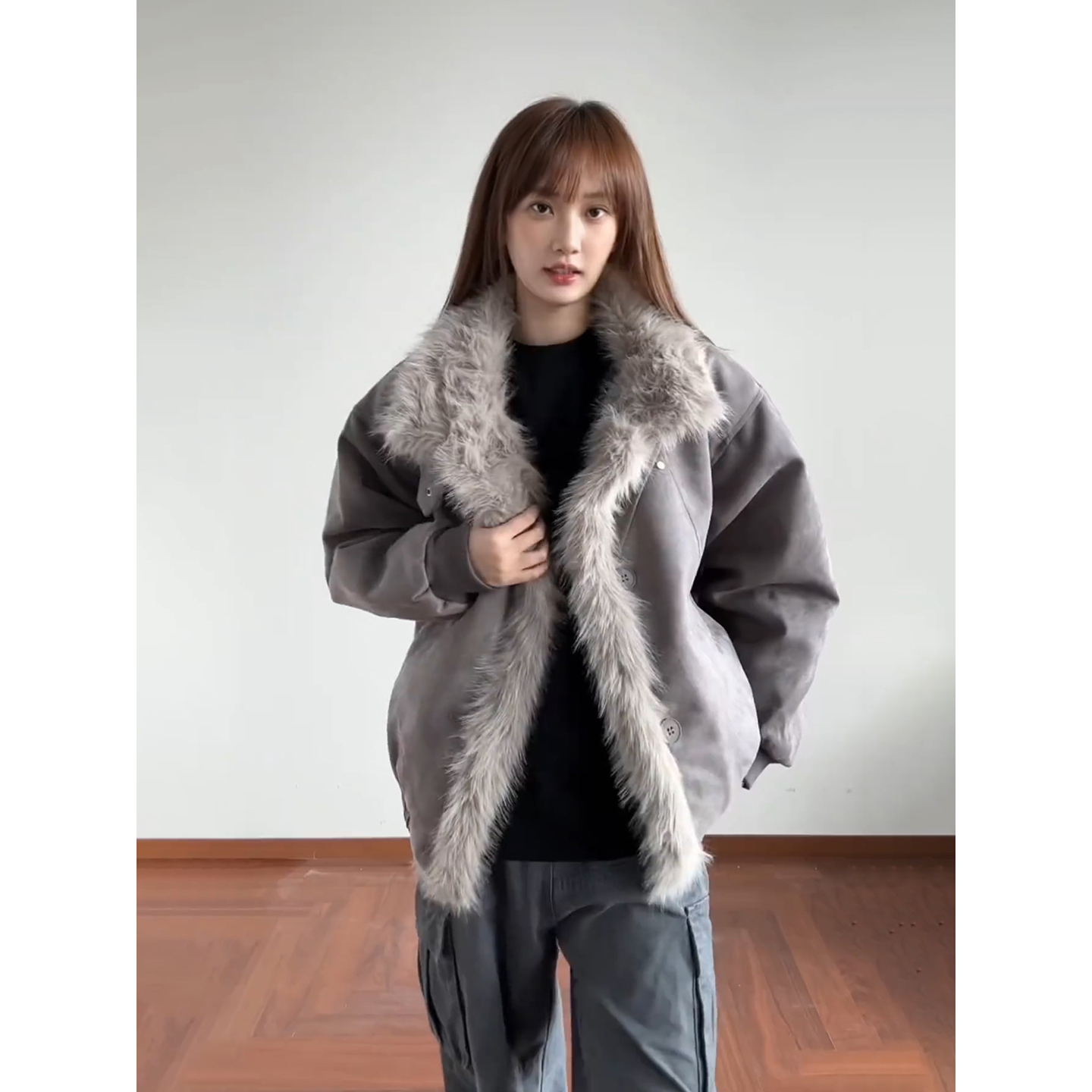 皮毛一体座山雕棉衣男女款棉服