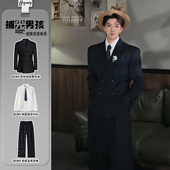 枪驳领西服套装 黑色男式 高级感双排扣禁欲系外套韩版 修身 西装 正装