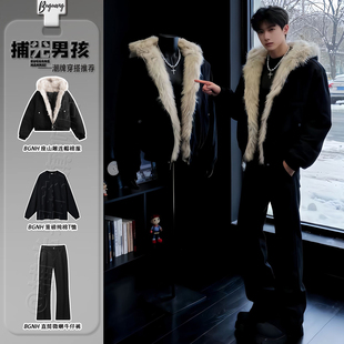 黑色座山雕毛绒外套男高级感痞帅冬季加厚棉服短款连帽工装防寒服