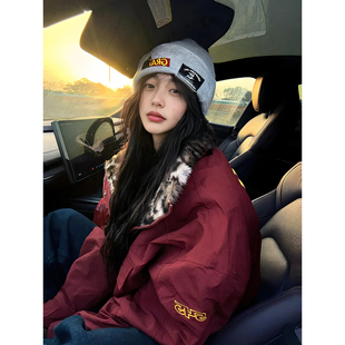 豹纹双面穿立领座山雕棉服男女冬季加绒厚立领棉衣徽章刺绣骑兵服