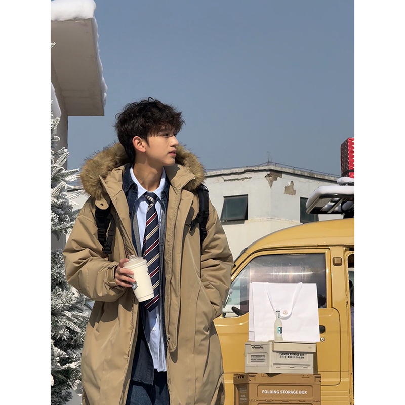 卡其色中长款羽绒服男冬季派克服
