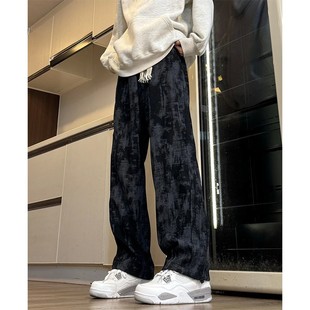 黑色扎染加绒卫裤男生秋冬季美式重磅灯芯绒裤子青少年直筒休闲裤