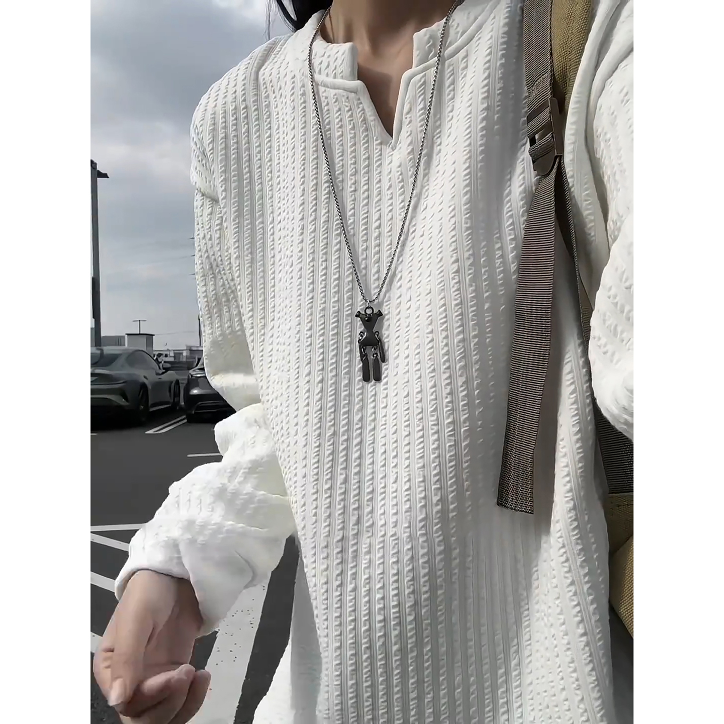 白色肌理感加绒长袖t恤男女秋冬