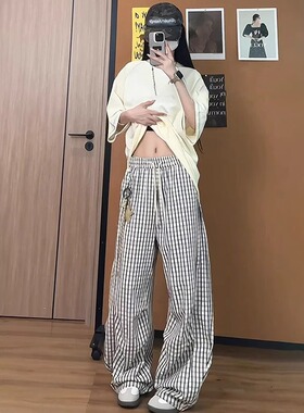 蓝色弯刀格子裤男款夏季美式慵懒松弛感阔腿裤子设计感褶皱休闲裤