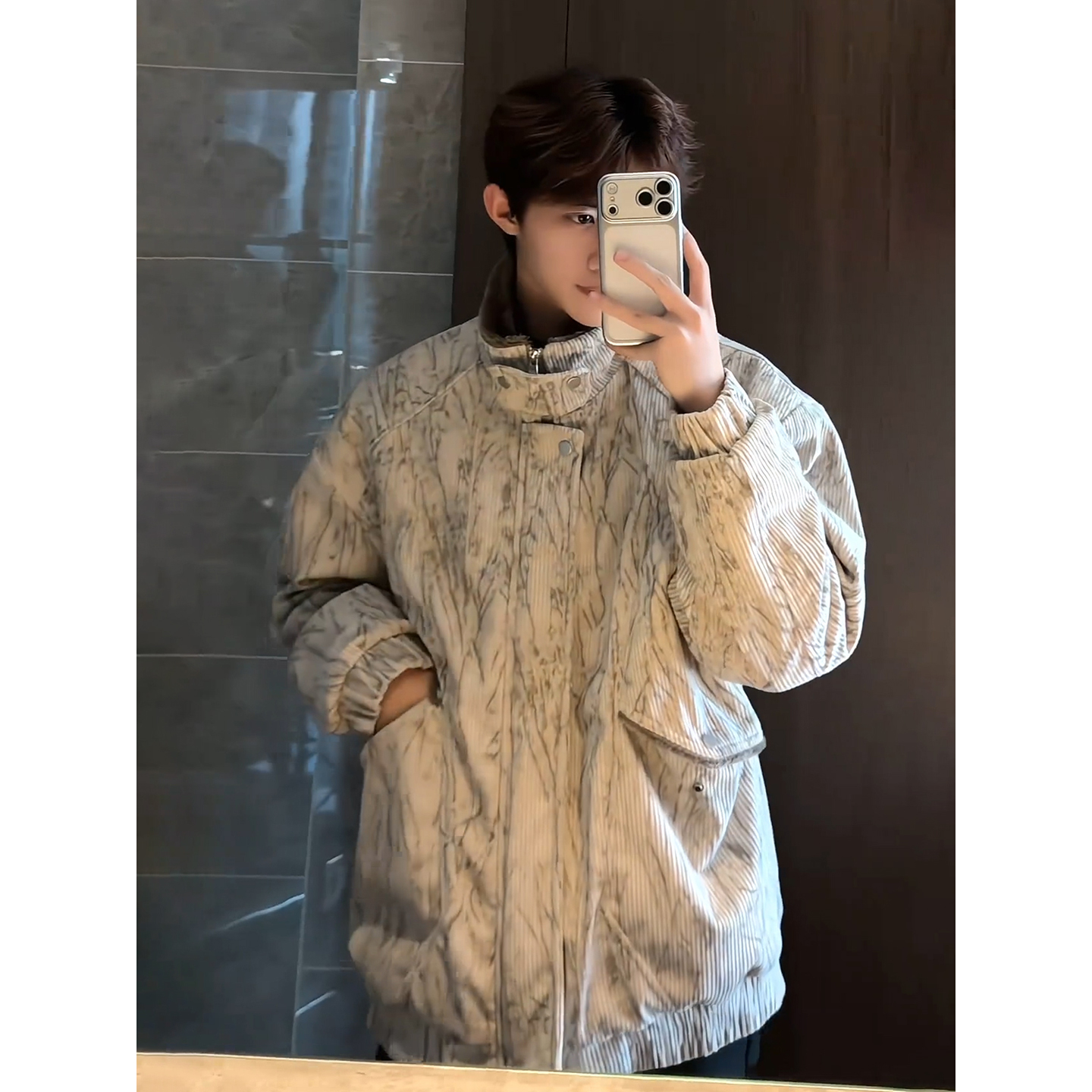 美式扎染灯芯绒棉服男冬季高级感