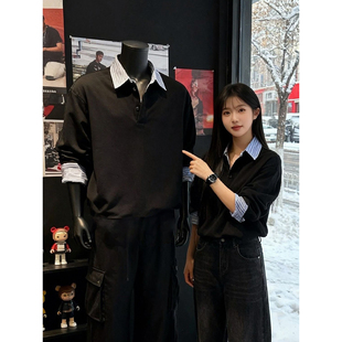 黑色假两件加绒卫衣男款秋冬季撞色拼接长袖poo衫高级感叠穿上衣