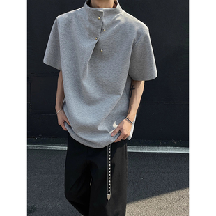 新中式半高立领垫肩t恤男夏季不规则纽扣短袖高克重磅硬挺五分袖