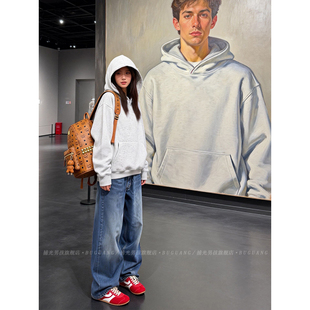 白花灰美式boxy版型卫衣男春秋重磅硬挺连帽外套潮牌痞帅内搭上衣