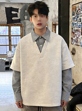 白灰色假两件格子衬衫男春季美式拼接翻领卫衣学院风休闲内搭上衣