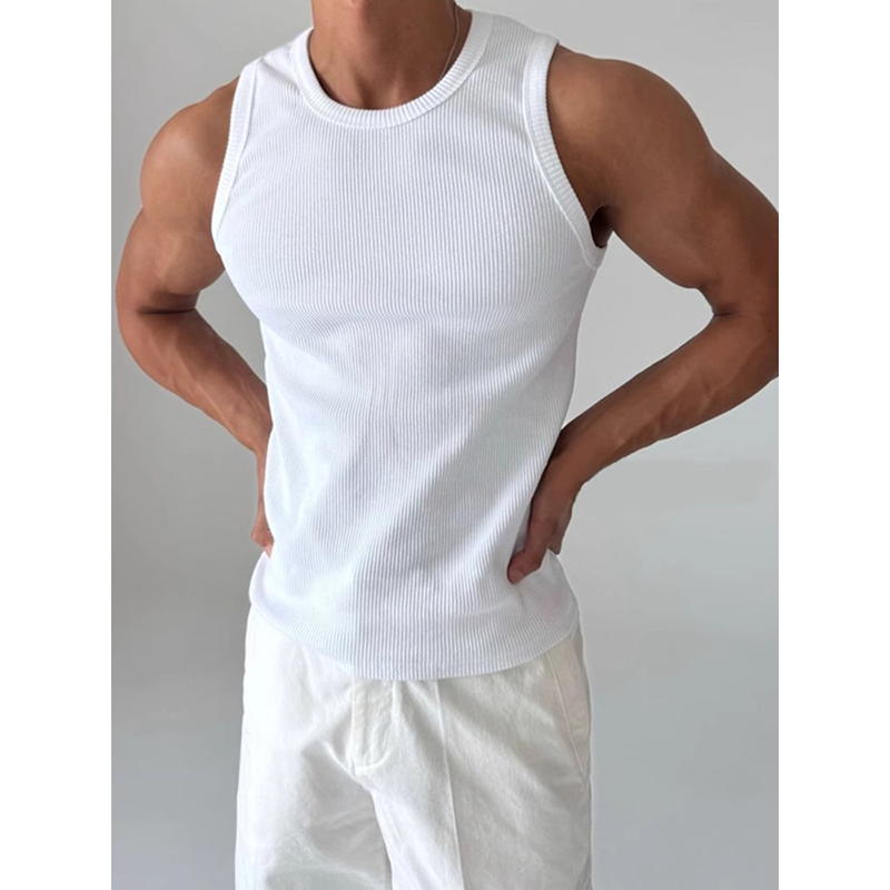 白色美式螺纹砍袖背心男夏季弹力