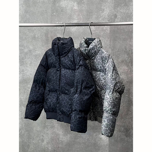 黑色短款豹纹羽绒棉服男款冬季痞帅立领小众面包服高级感情侣棉衣