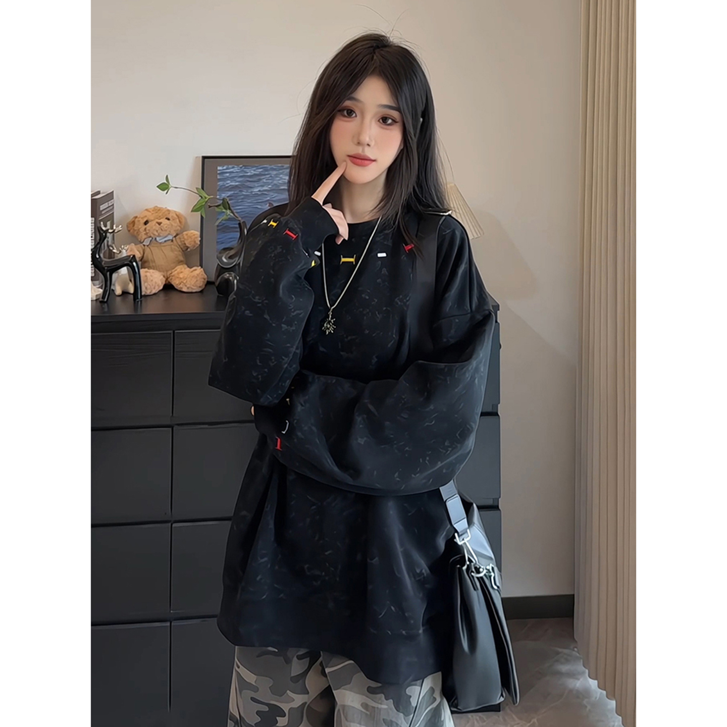 美式扎染刺绣圆领卫衣男款