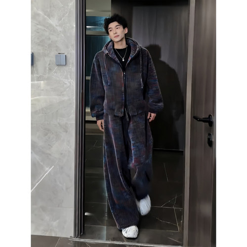 七彩色毛绒针织加厚连帽棉服男生