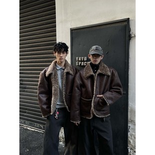 美拉德咖啡色皮毛一体机车夹克男款冬季美式复古大毛领羊羔绒棉服