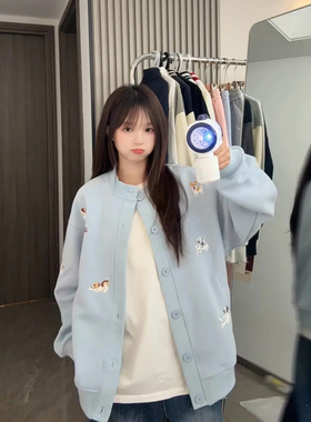 浅蓝色小狗刺绣开衫卫衣男女早秋流行穿搭美式慵懒风chic情侣外套