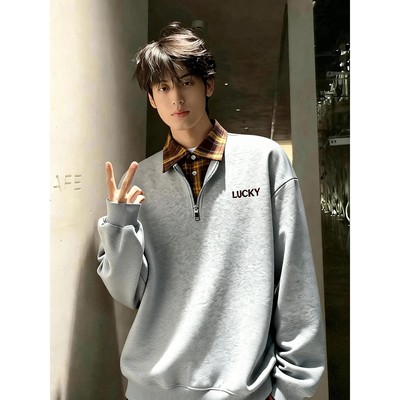 花灰色半拉链加绒卫衣男冬季