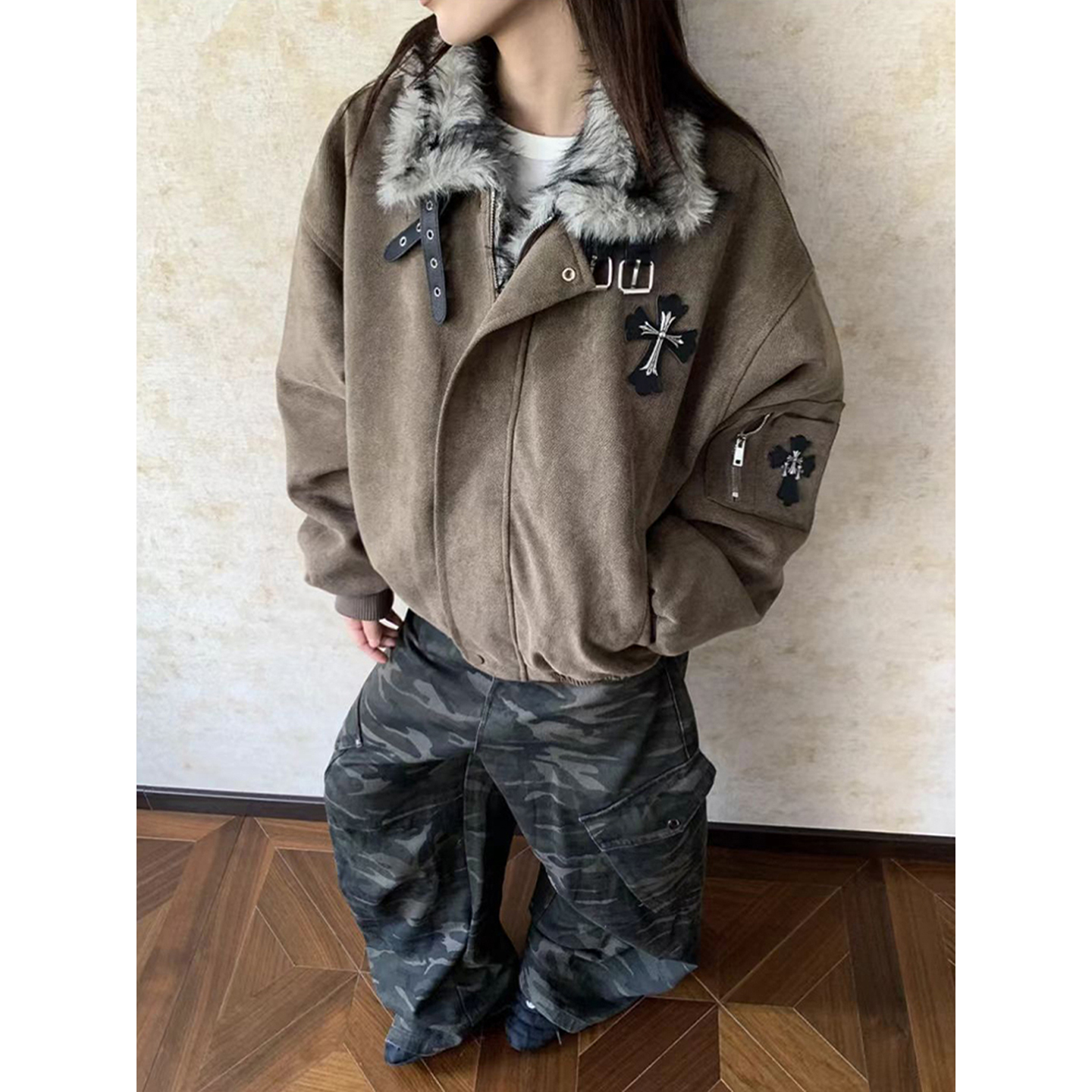 美拉德毛领十字架座山雕棉服男女