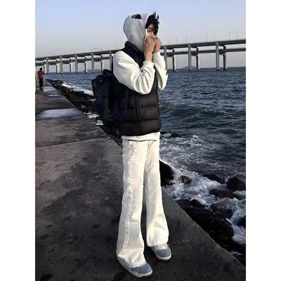 白色微喇加绒牛仔裤男款冬季美式