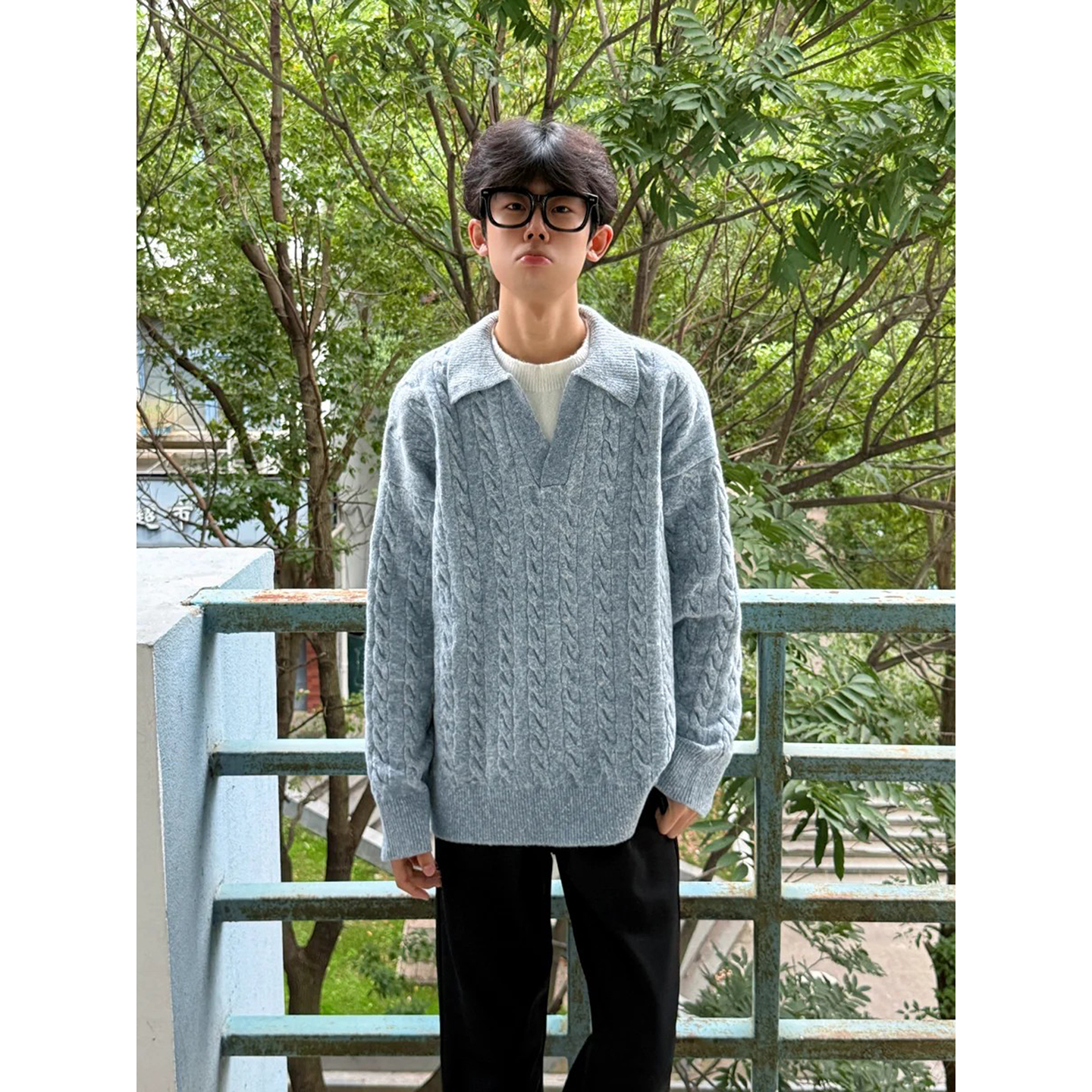 假两件海鸥v领麻花毛衣男生韩系穿搭内搭冬装慵懒高级感针织线衫