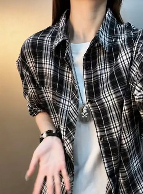 美式cleanfit黑色格子衬衫男春季痞帅高级感衬衣美式翻领夹克外套