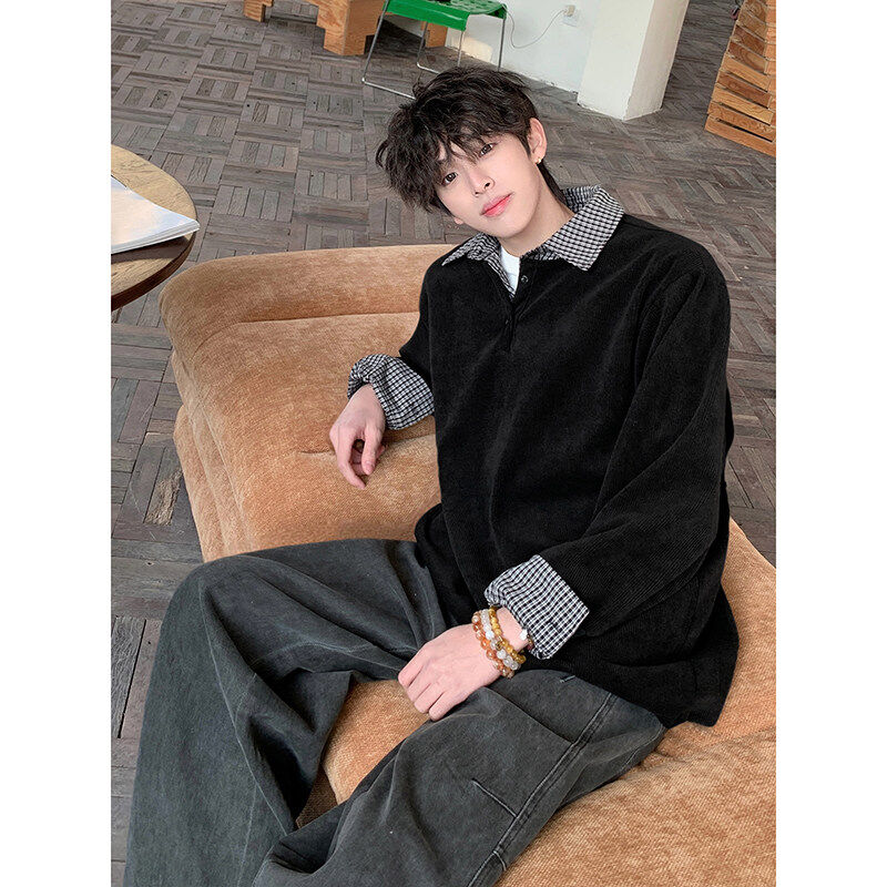 韩版拼接假两件长袖卫衣内搭T恤