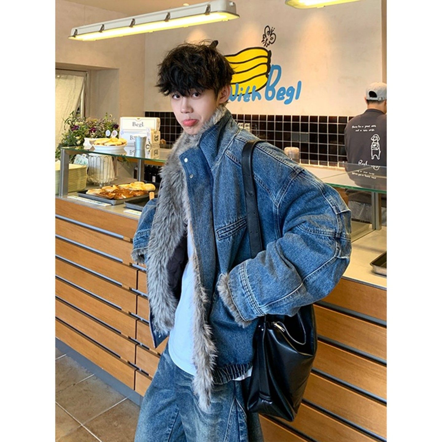 美式复古水洗牛仔座山雕外套男冬季廓形毛绒棉服短款立领工装棉衣