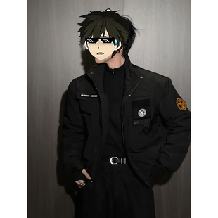 黑色轻骑兵工装棉服男冬季加厚美式三防立领外套廓形短款派克棉衣