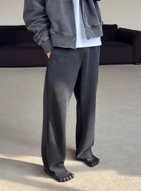 黑灰色水洗做旧卫裤男秋冬美式慵懒松弛感裤子垂感直筒弯刀阔腿裤