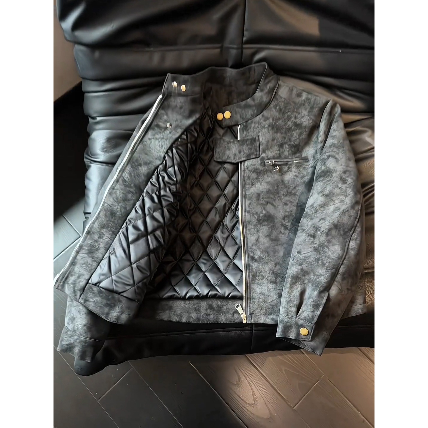 黑色扎染PU皮衣外套男款秋冬季高级感立领机车服美式痞帅夹克棉服