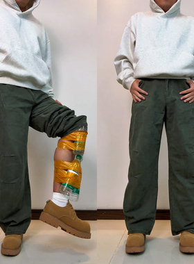 军绿色褶皱弯刀工装裤男款秋冬美式痞帅高级感裤子直筒显瘦阔腿裤