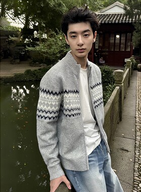 Stay the Night费尔岛毛衣开衫外套男秋冬季老钱风立领拉链针织衫