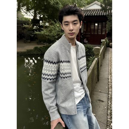 Stay the Night费尔岛毛衣开衫外套男秋冬季老钱风立领拉链针织衫