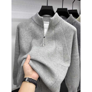 浅灰色半拉链立领毛衣男款 老钱风设计线衣 秋冬慵懒男人高端打底衫