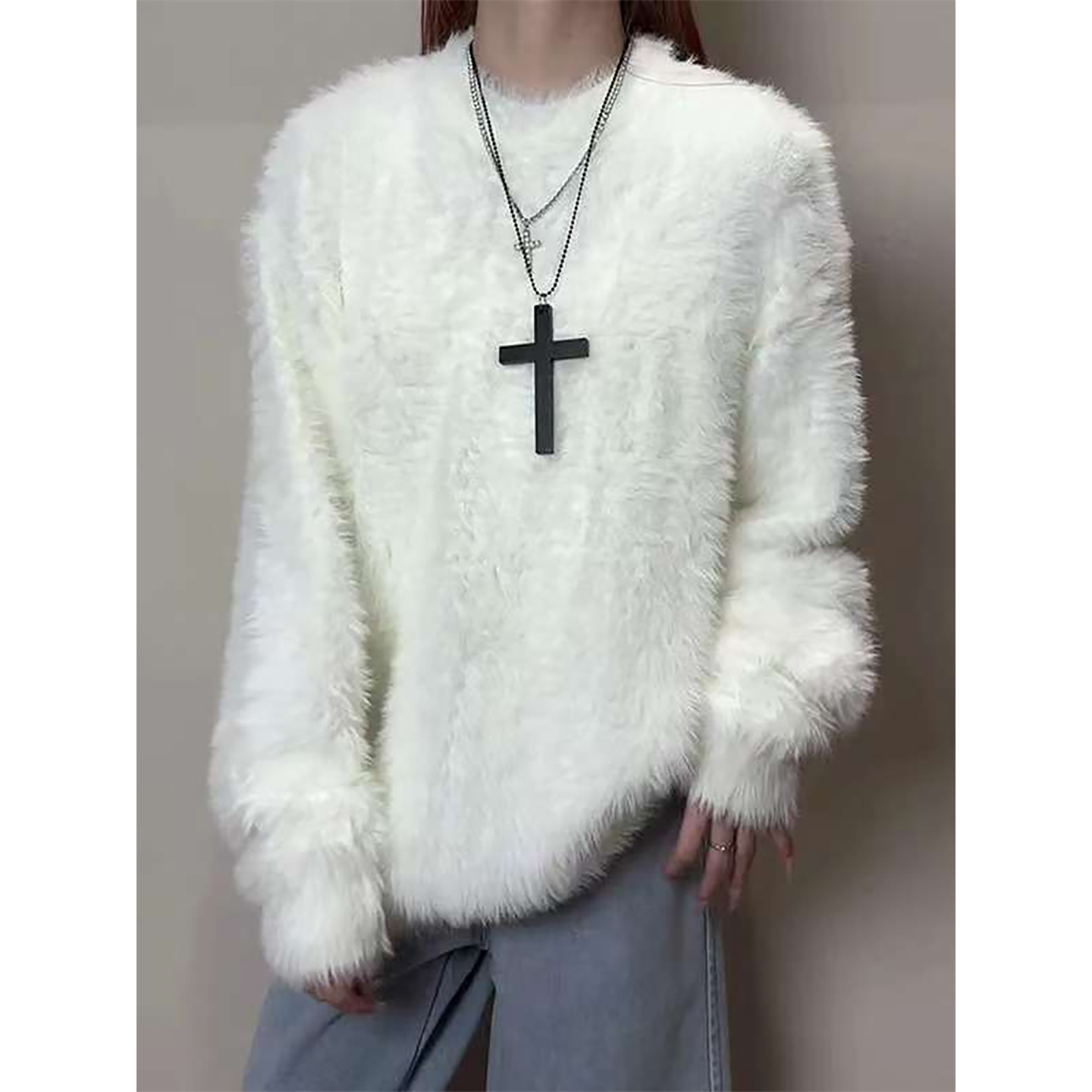 白色软糯马海毛圆领毛衣冬季韩系