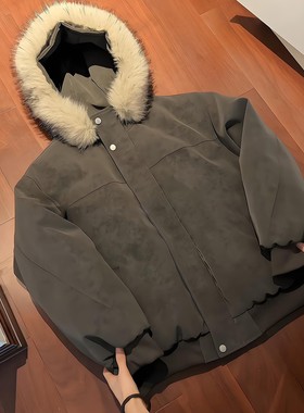 深灰色扎染PU皮棉服男款冬季美式三防工装外套加厚保暖连帽派克服