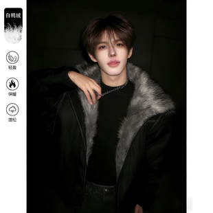 黑色座山雕毛领羽绒服男冬季 痞帅高级感外套重磅解构夹克棉袄 美式