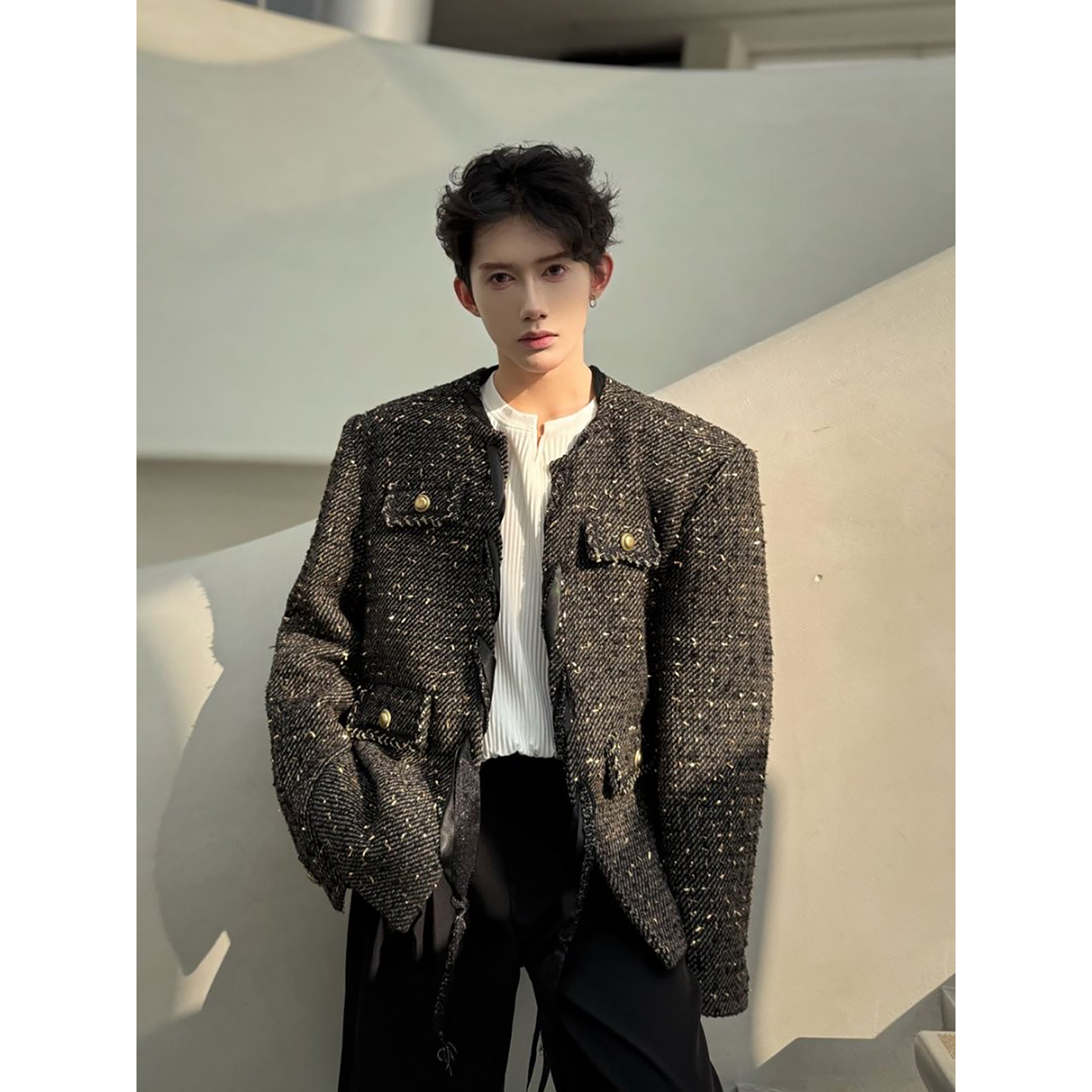 法式轻奢小香风外套男模穿搭春秋