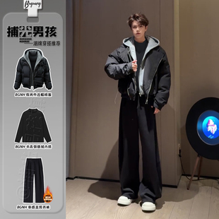 廓形加厚棉衣 短款 假两件连帽pu皮羽绒棉服男生冬装 搭配一整套美式