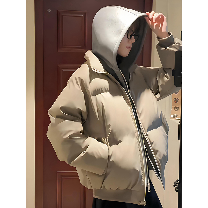 灰色PU皮假两件羽绒棉服男冬季美式双拉链连帽外套加厚保暖面包服