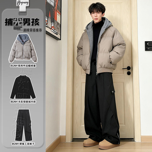 假两件pu皮羽绒棉衣男生冬装搭配一整套高级感褶皱伞兵裤面包棉服