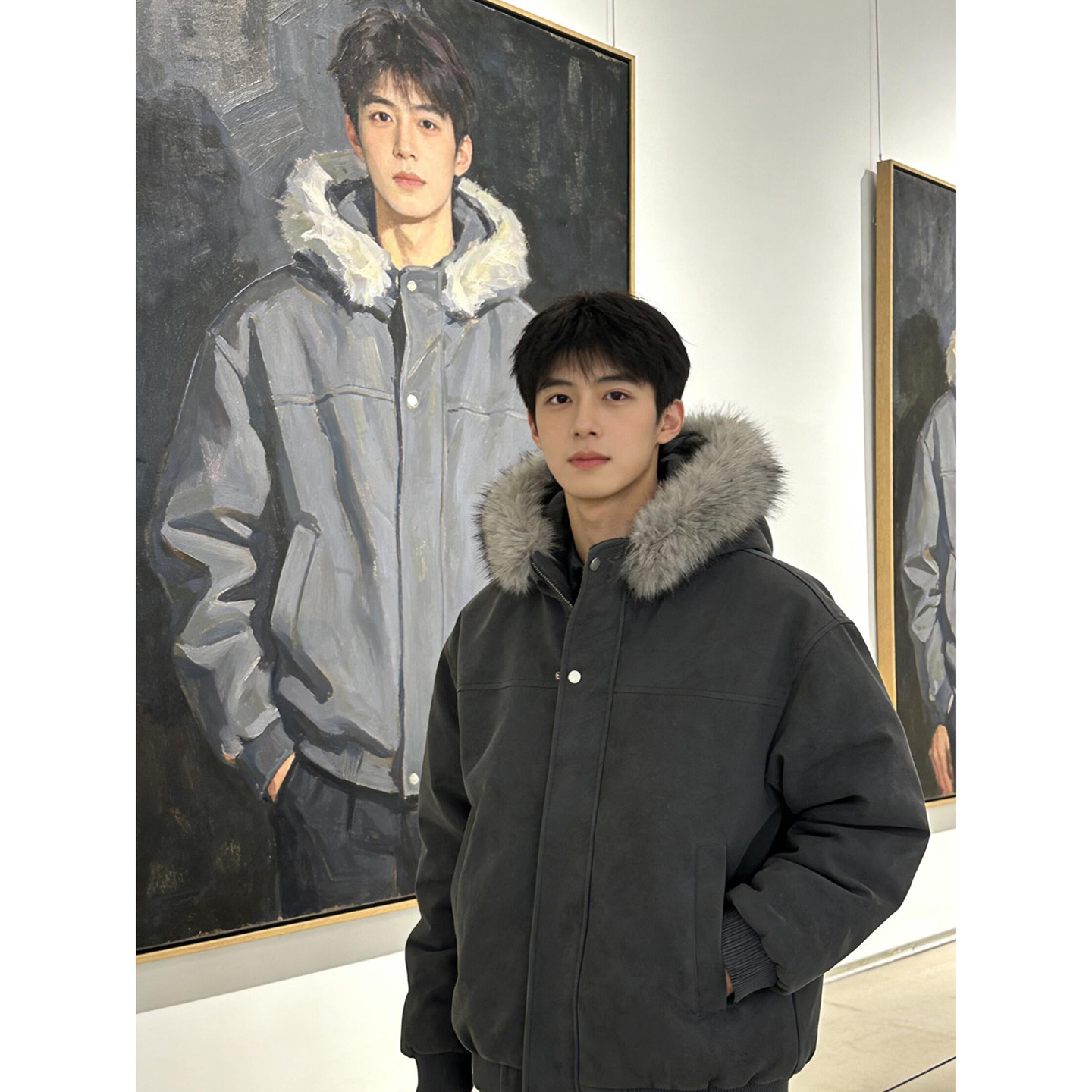 深灰色毛领可拆卸连帽pu皮棉衣男冬季加厚防寒派克服飞行夹克棉衣