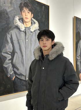 深灰色毛领可拆卸连帽pu皮棉衣男冬季加厚防寒派克服飞行夹克棉衣