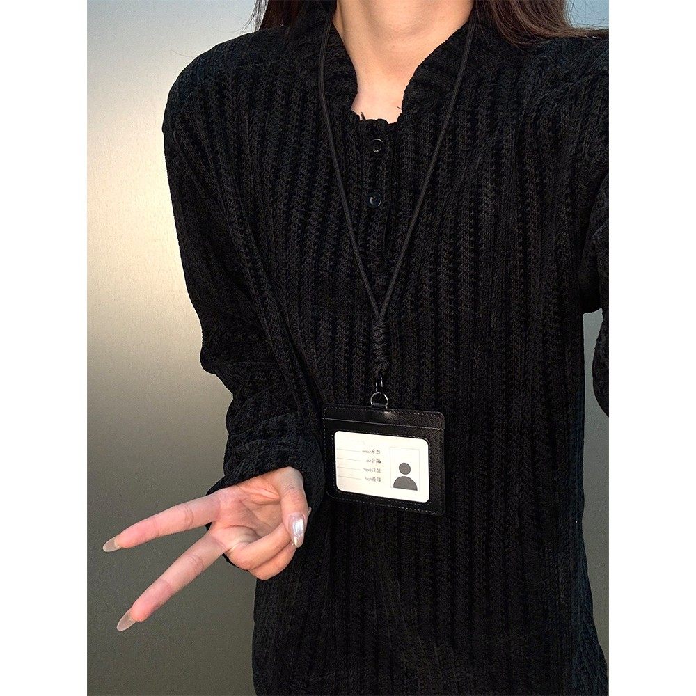 黑色鱼骨纹polo衫长袖t恤男秋冬美式亨利领加绒卫衣内搭打底上衣