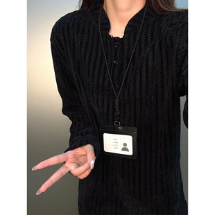 黑色鱼骨纹polo衫长袖t恤男秋冬美式亨利领加绒卫衣内搭打底上衣