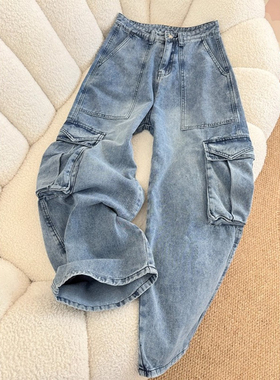 浅蓝色多口袋弯刀牛仔裤男款oversize痞帅裤子美式复古工装阔腿裤