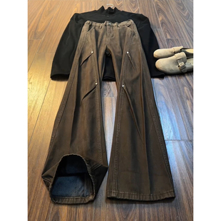 美拉德咖色工装牛仔裤男冬季加绒加厚直筒阔腿裤子美式斜切微喇裤